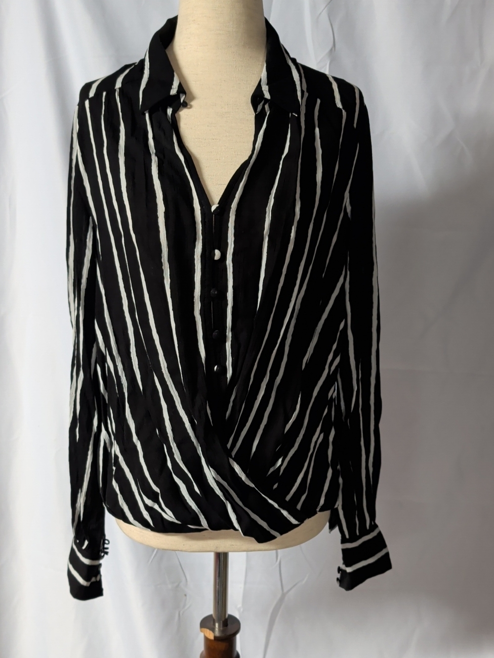 Black & White Striped Wrap Front Button Shirt
